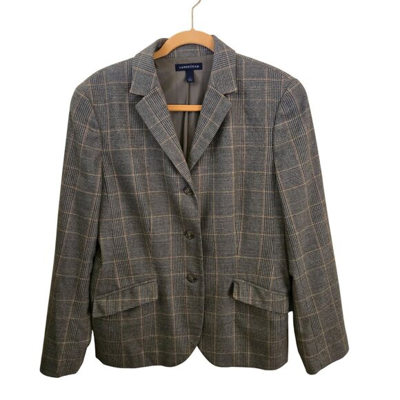 Lands' End Wool Cashmere Plaid 3 Button Blazer Academia Fully Lined Size 12 - Picture 1 of 5